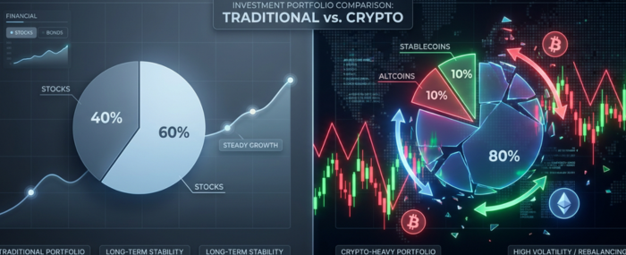 Broken 60/40 portfolio allocation rule illustrated with crypto volatility spike and rebalancing strategy comparison