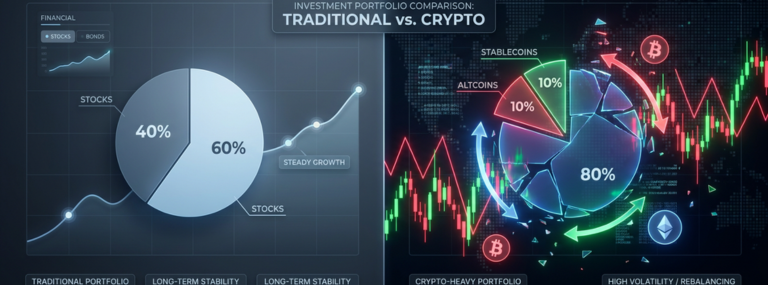 Broken 60/40 portfolio allocation rule illustrated with crypto volatility spike and rebalancing strategy comparison